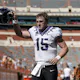 Max Duggan of the TCU Horned Frogs celebrates as he heads to the locker room after defeating the Texas Longhorns in Darrell K Royal-Texas Memorial Stadium in Austin, Texas. Photo by Tim Warner/ Getty Images via AFP.