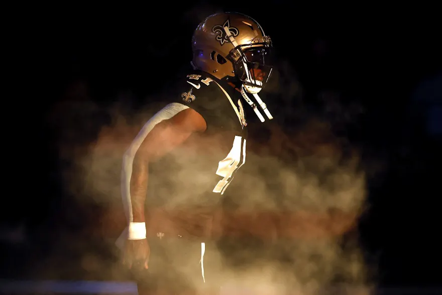 Alvin Kamara #41 of the New Orleans Saints is introduced before the game as we look at Louisiana sports betting financials for November 2023.