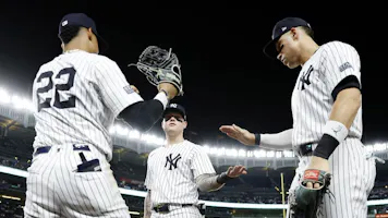Juan Soto, Alex Verdugo, and Aaron Judge of the New York Yankees high-five during the seventh inning against the Houston Astros, and we offer our top Astros vs. Yankees player props and expert picks based on the best MLB odds.