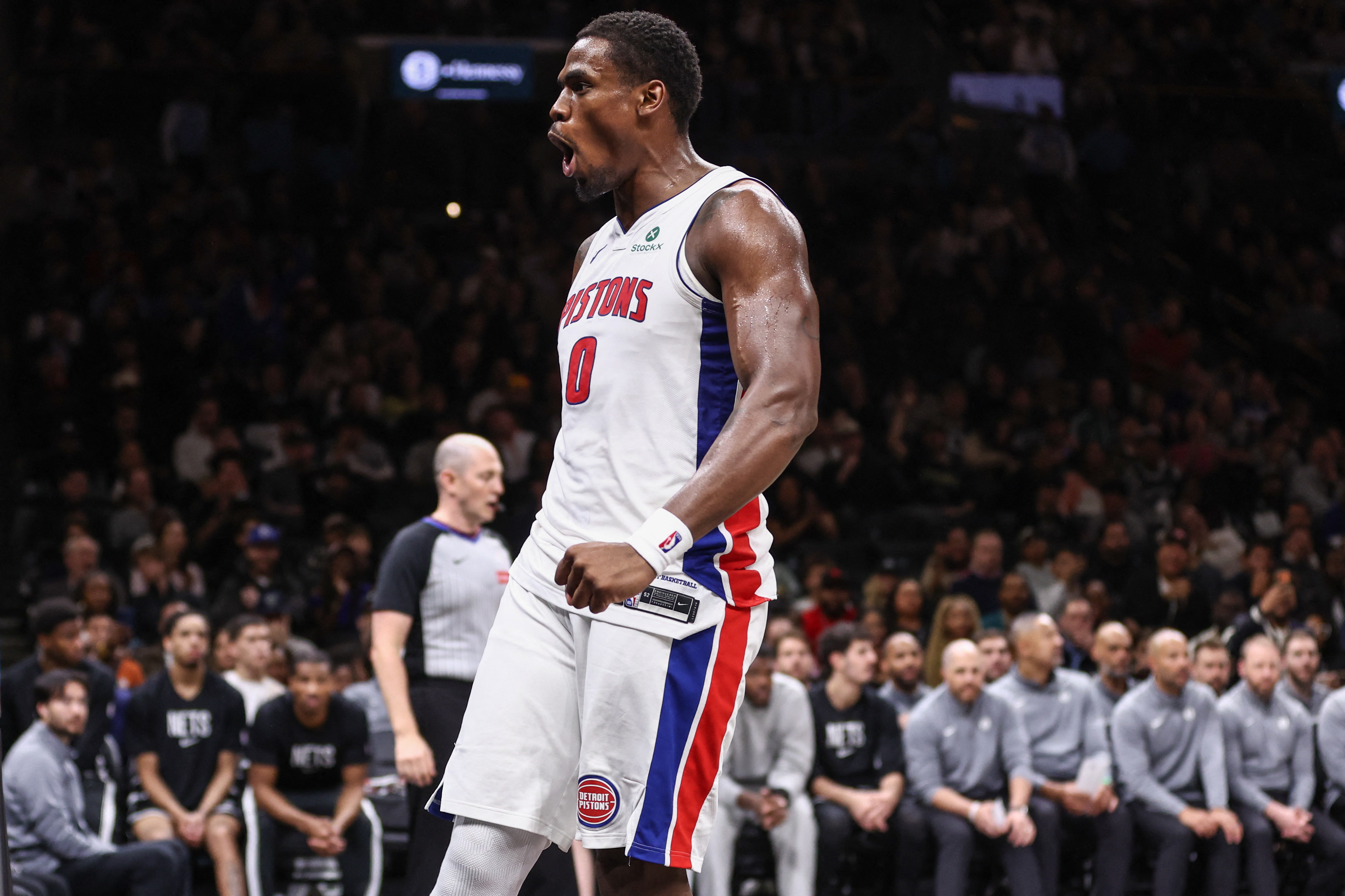 Detroit Pistons center Jalen Duren (0) celebrates after dunking as we break down our NBA Most Improved Player odds & favorites.