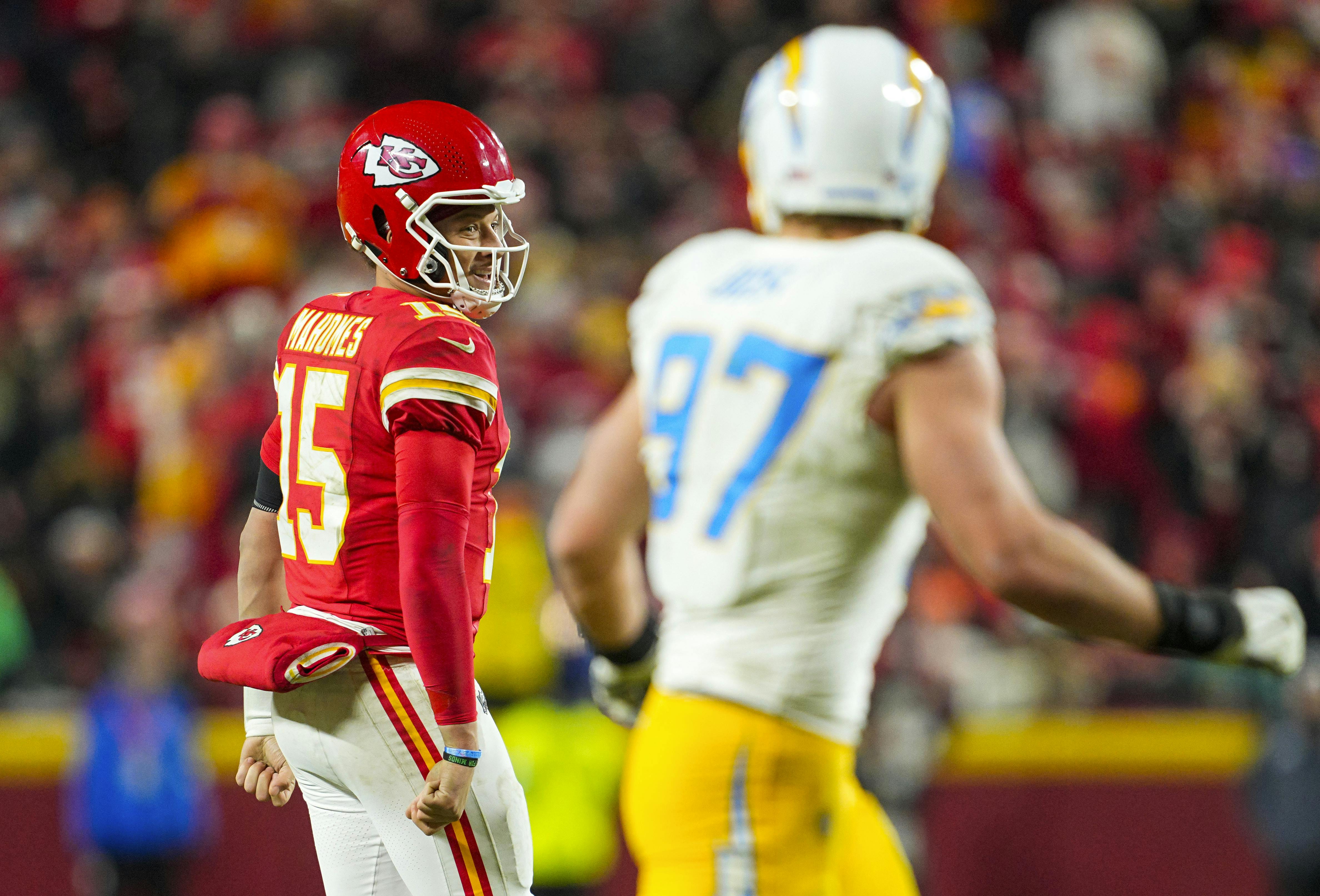 Kansas City Chiefs quarterback Patrick Mahomes reacts as we offer our NFL playoff bracket predictions with picks and projected scores for every game.