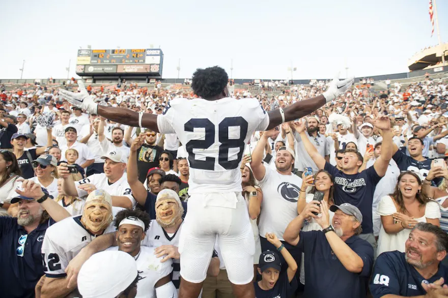 Defensive tackle Zane Durant of the Penn State Nittany Lions celebrates with fans after defeating the Auburn Tigers.
