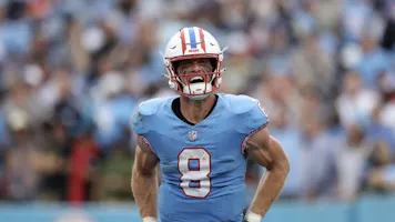 Will Levis of the Tennessee Titans celebrates after throwing a touchdown pass during the second half against the Atlanta Falcons at Nissan Stadium as we look at the offensive rookie of the year odds for Will Levis.