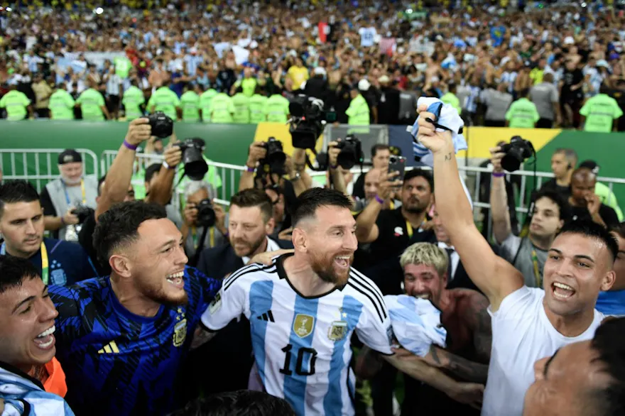 Argentina's forward Lionel Messi celebrates with teammates following their victory, and we look at the 2024 Copa America odds.