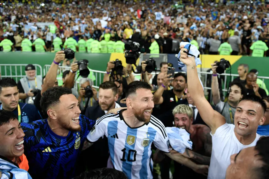 Argentina's forward Lionel Messi (C) celebrates with teammates as we look at the Copa America odds for 2024