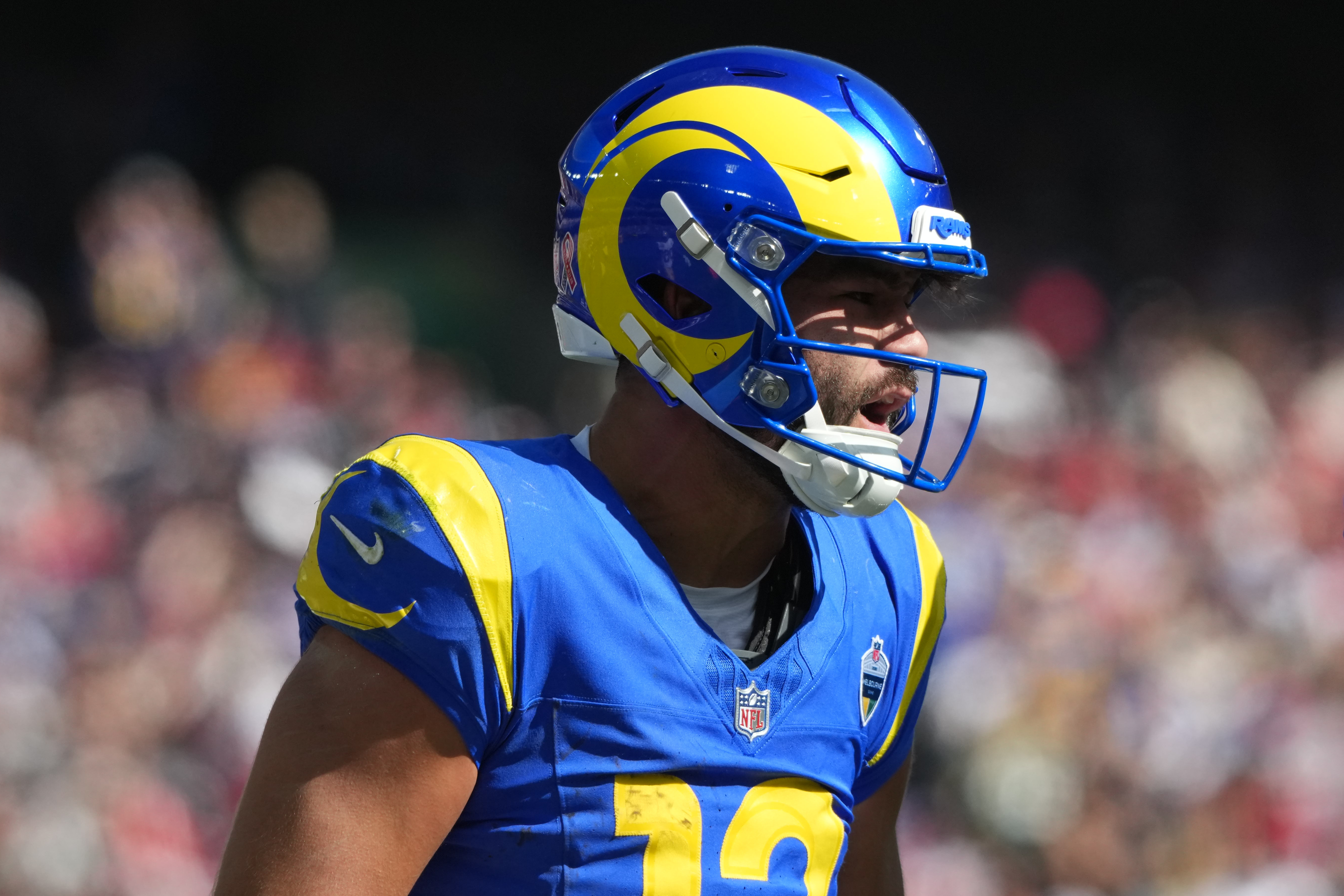 Rams wide receiver Puka Nacua (12) reacts as we make our Rams vs. Eagles prediction.