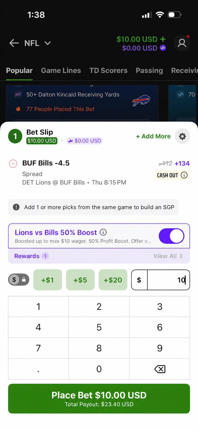 DraftKings Sportsbook betslip showing a boosted $10 bet placed on the Detroit Lions vs. Buffalo Bills.