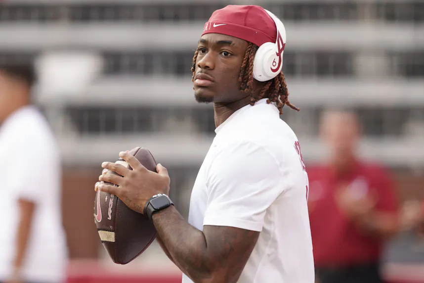 Alabama Crimson Tide quarterback Jalen Milroe during warmups as we offer our Georgia vs. Alabama prediction.