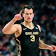 Jack Gohlke of the Oakland Golden Grizzlies reacts during the first half of a game against the North Carolina State Wolfpack in the second round of the NCAA Men's Basketball Tournament.
