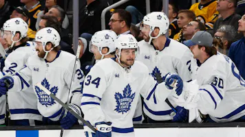 Auston Matthews celebrates his goal against the Boston Bruins as we make our Bruins vs. Maple Leafs predictions for Game 3 of the first-round series. 
