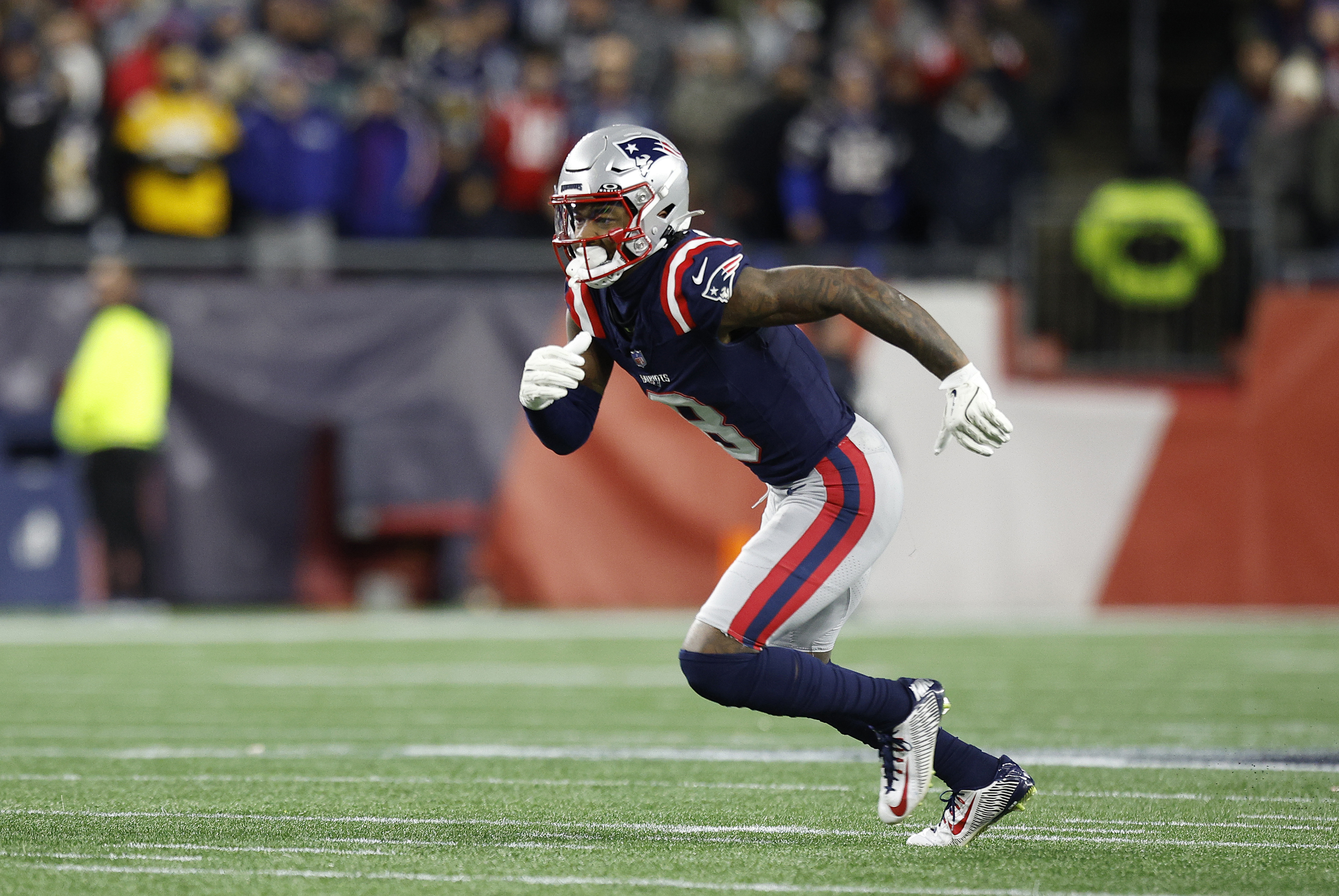 New England Patriots wide receiver Stefon Diggs (8) in action as we break down our Super Bowl 2026 winner pick.