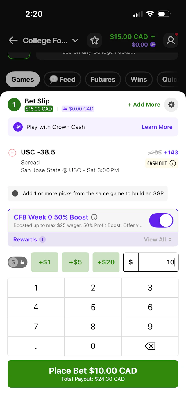 DraftKings Sportsbook betslip for San Jose State @ USC with promo boost applied.