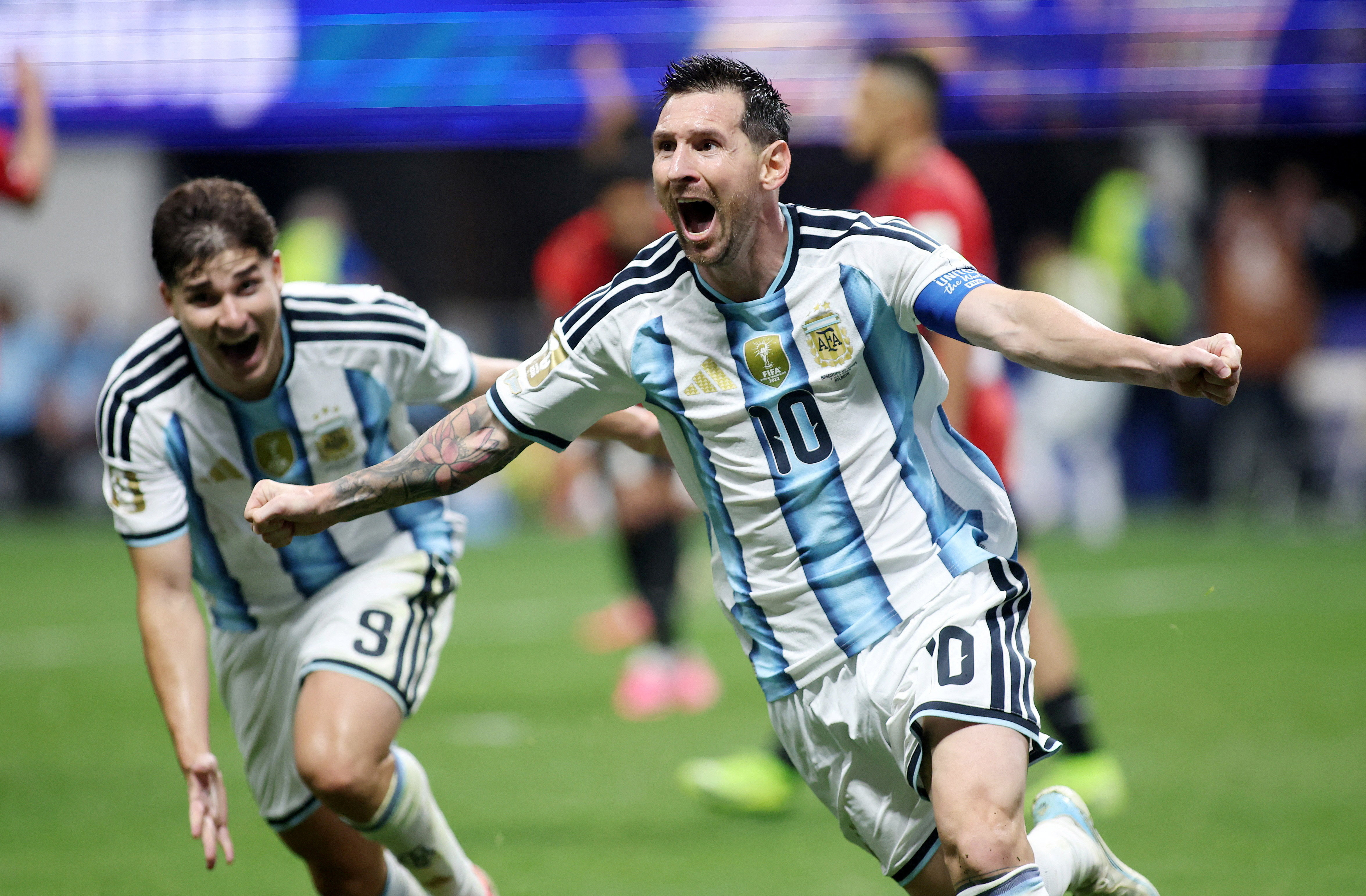 Argentina's Lionel Messi celebrates scoring as he is featured in our Argentina vs. Switzerland prediction.