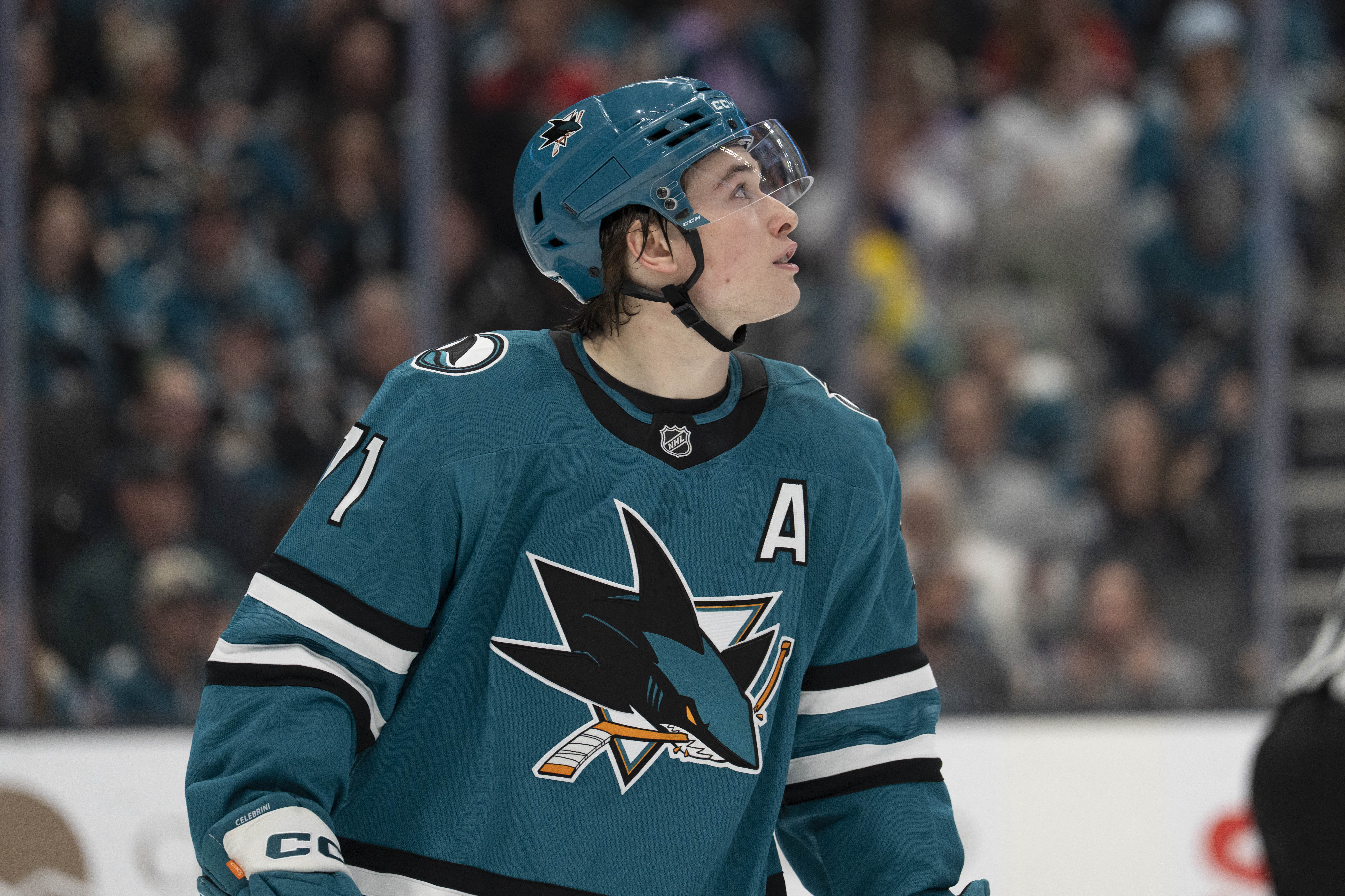 San Jose Sharks center Macklin Celebrini (71) looks on as we provide our NHL anytime goal scorer predictions today.