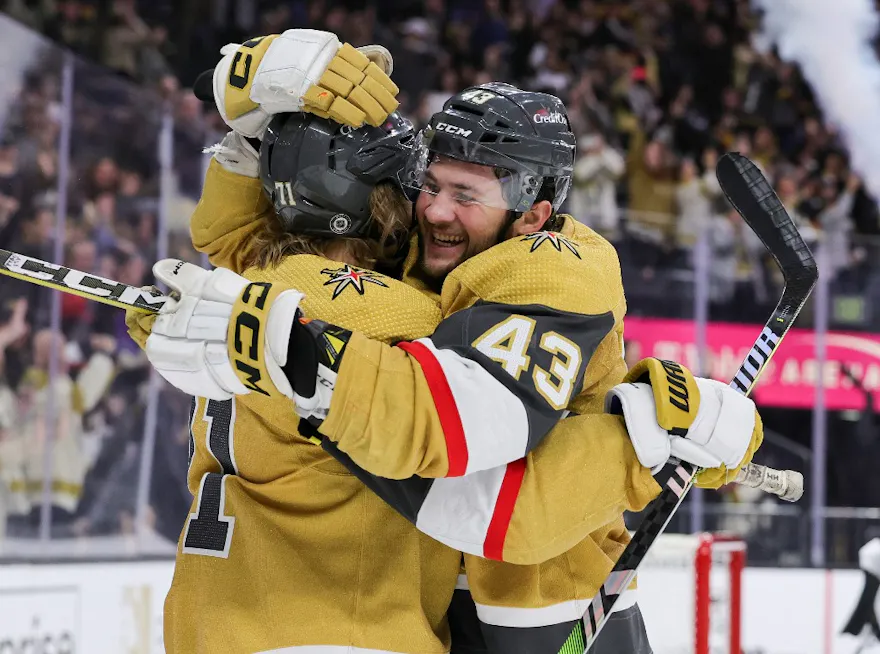 Paul Cotter #43 and William Karlsson #71 of the Vegas Golden Knights celebrate as we look at the Nevada sports betting scene financials for November 2023