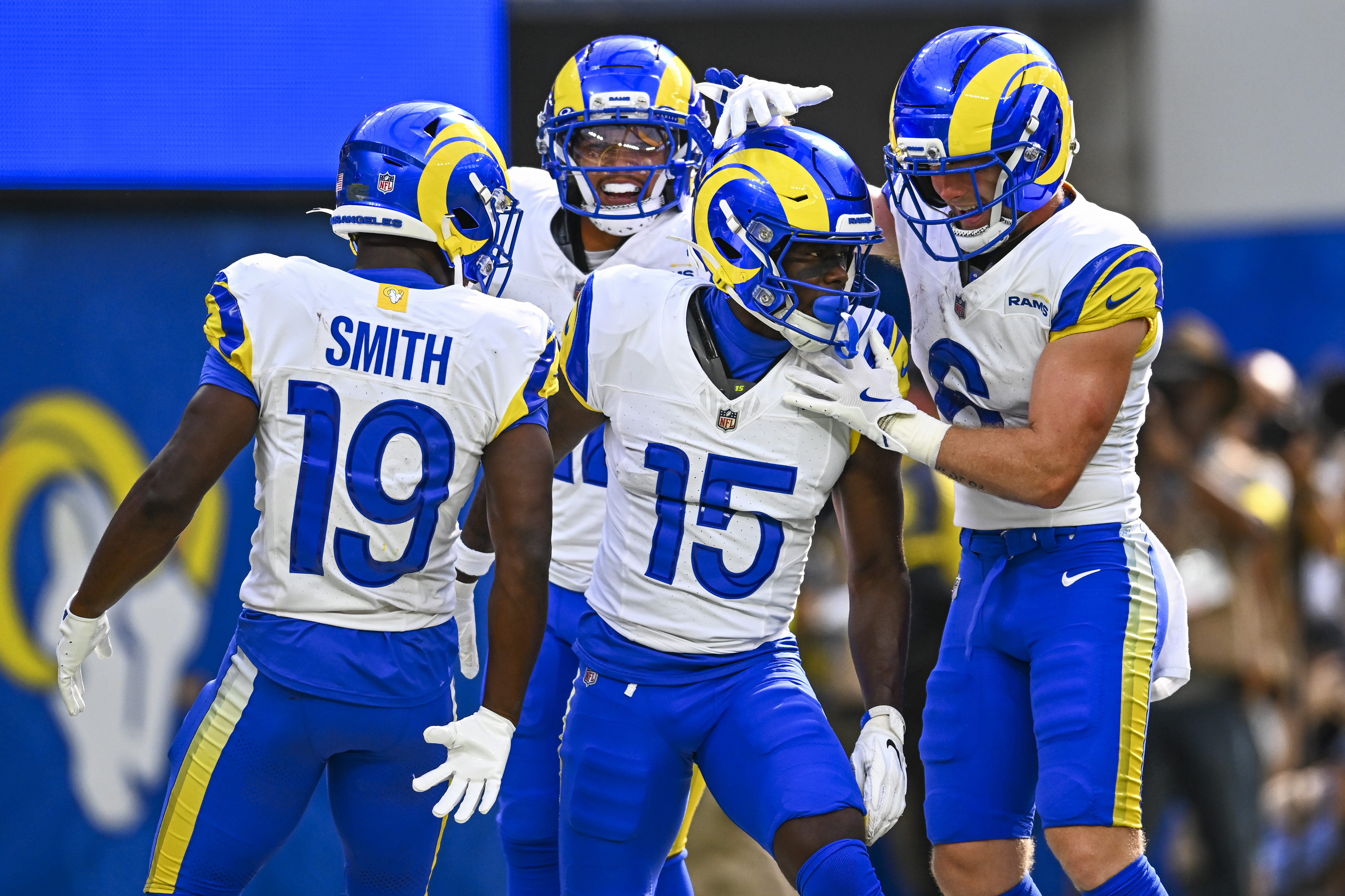 Los Angeles Rams wide receiver Konata Mumpfield (15) celebrates a touchdown with teammates as we break down his best player prop bets for Thursday Night Football.