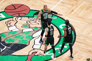 Boston Celtics center Al Horford and forward Jayson Tatum and guard Jaylen Brown celebrate after defeating the Dallas Mavericks in Game 2 of the 2024 NBA Finals at TD Garden. Brown and Tatum are the favorites by the 2024 NBA Finals MVP Odds.