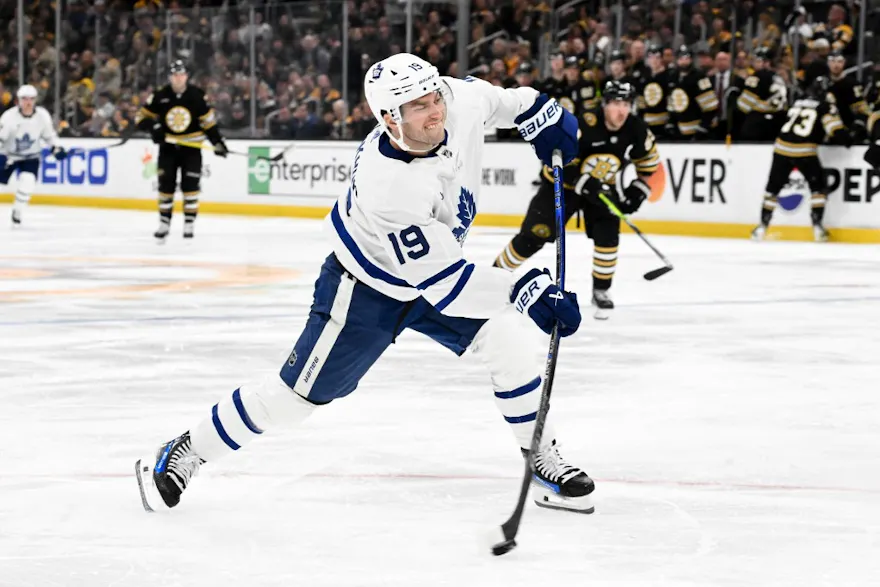 Calle Jarnkrok #19 of the Toronto Maple Leafs takes a shot as we look at the iGaming growth in Ontario for its second full year.