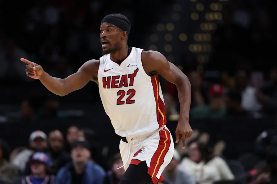 Jimmy Butler #22 of the Miami Heat reacts as we look at our best Heat vs. Mavericks NBA player props.