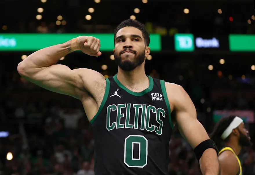 Jayson Tatum of the Boston Celtics reacts after a play during the fourth quarter in Game 2 of the Eastern Conference Finals against the Indiana Pacers. We're breaking down our top Jayson Tatum player props for Game 3.
