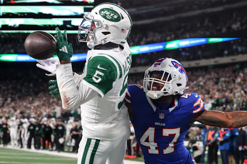 Buffalo Bills cornerback Christian Benford knocks the ball away from New York Jets wide receiver Garrett Wilson as we offer our Jets vs. Steelers player props.