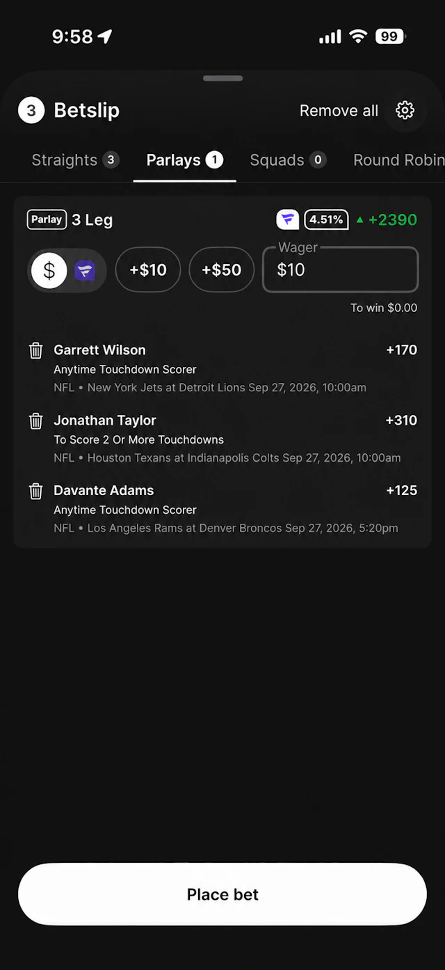 Fanatics Sportsbook betslip showing a 3-leg anytime TD parlay.