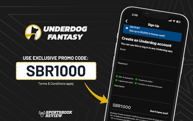 Underdog Fantasy sign-up page displayed on a smartphone with an arrow showing where to enter the promo code 'SBR1000.'