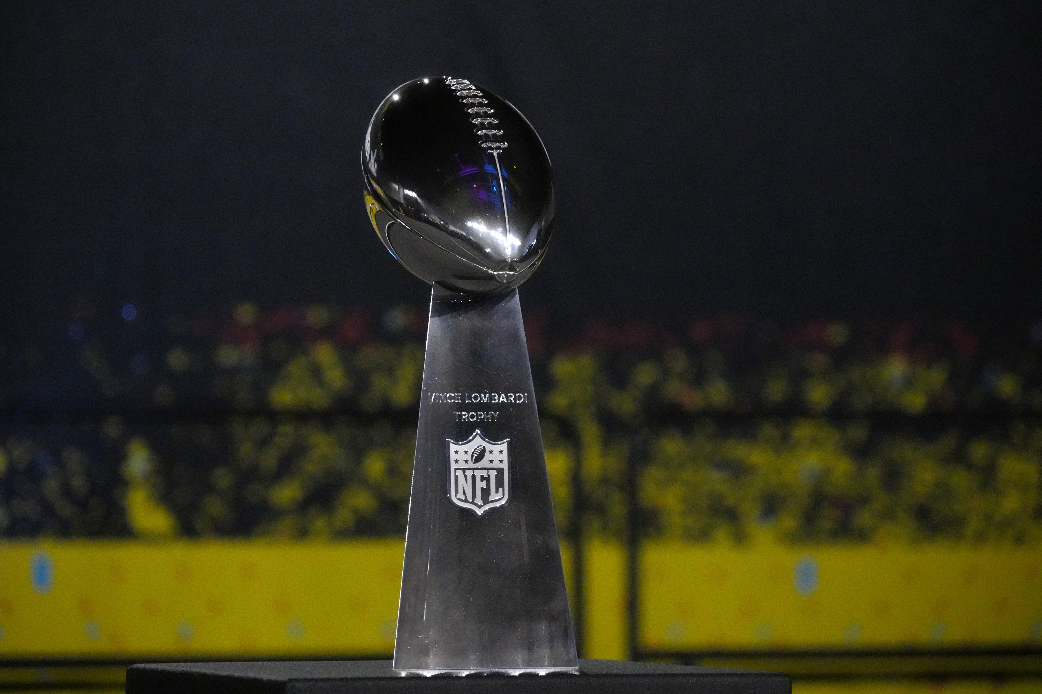 The Vince Lombardi Trophy is displayed during Opening Night for Super Bowl LX as we look at our Super Bowl Squares printable PDF