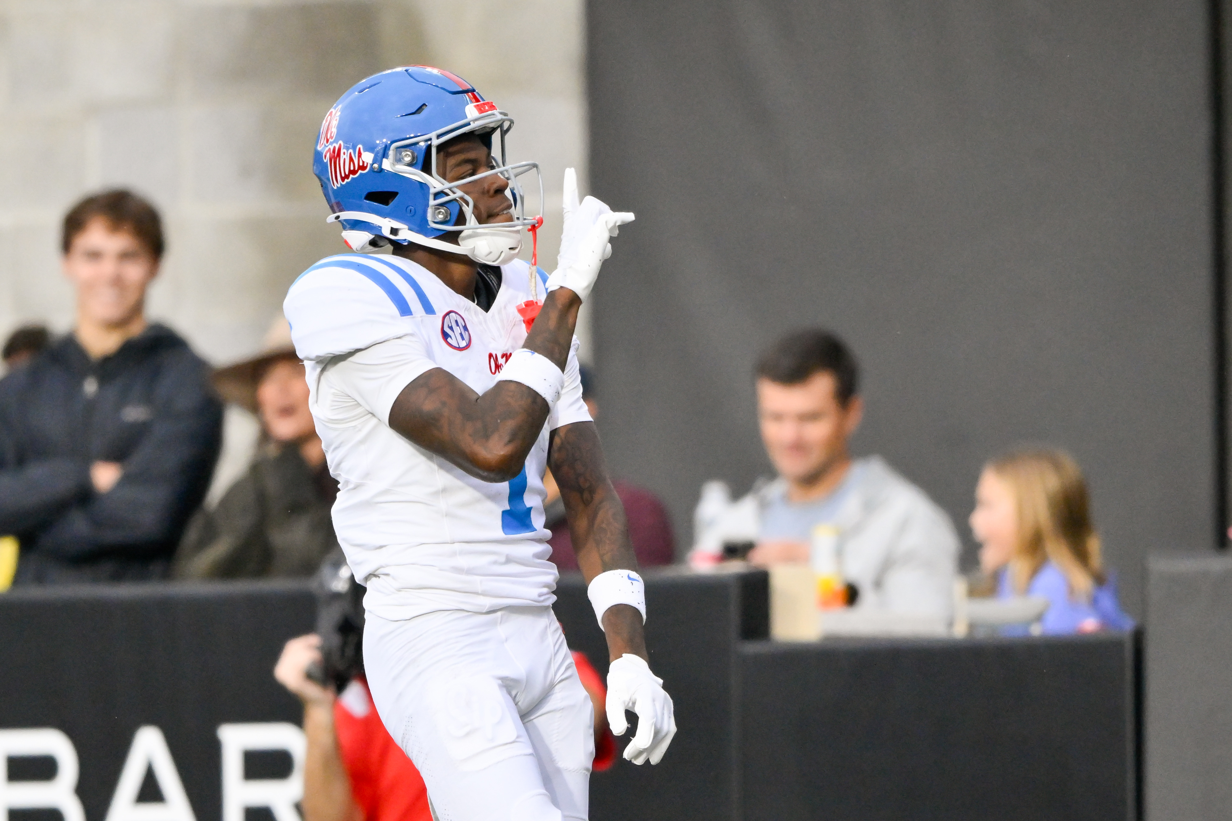 Mississippi Rebels wide receiver Deuce Alexander (1) celebrates his touchdown as he is featured in our Ole Miss vs. Texas same-game parlay for Week 8.