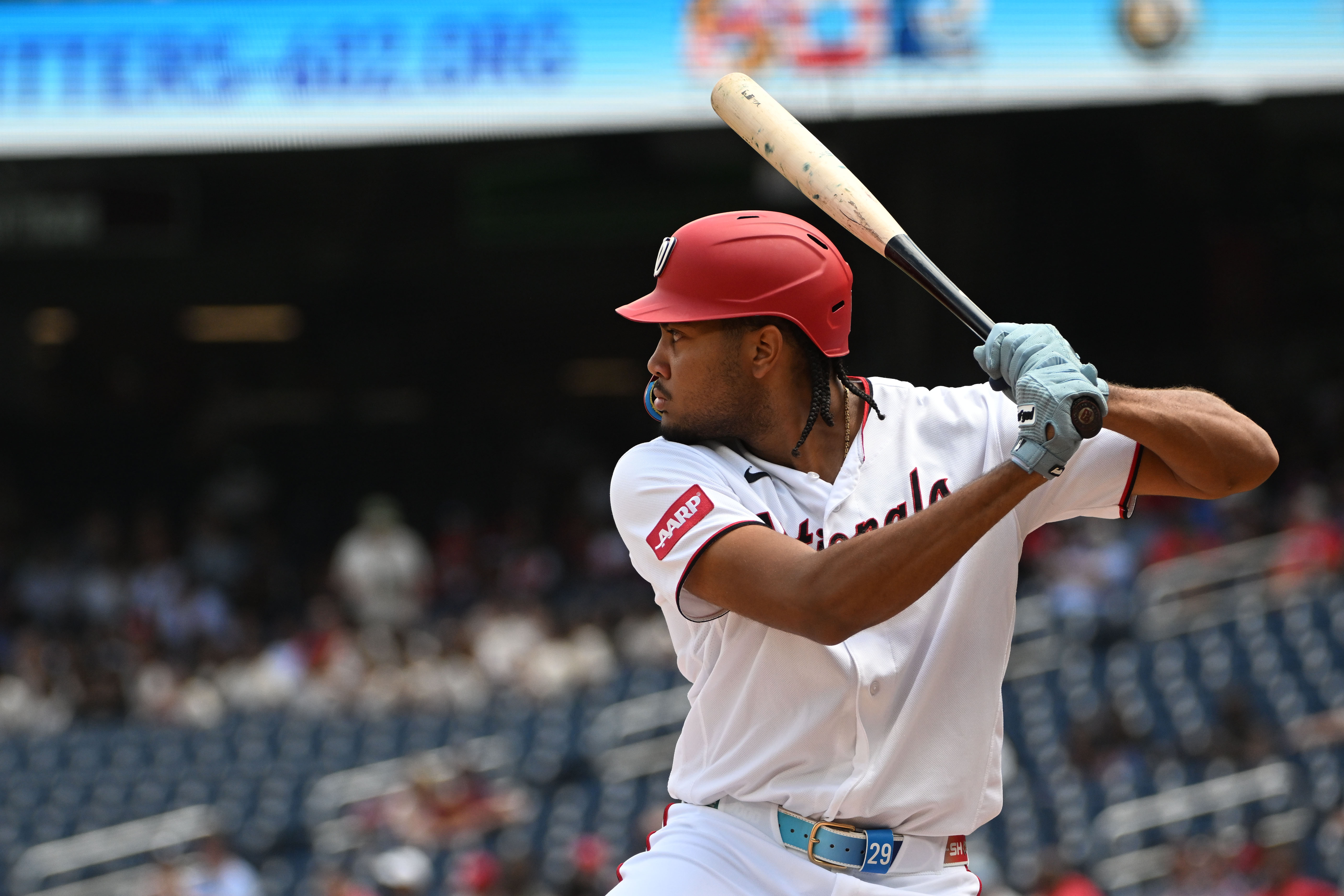 Washington Nationals right fielder James Wood - who's featured in my best home run predictions today - at bat. 