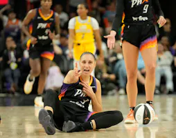 Phoenix Mercury guard Diana Taurasi (3) points as we offer our best Sparks vs. Mercury prediction and expert picks for Friday's WNBA matchup at Footprint Center in Phoenix.