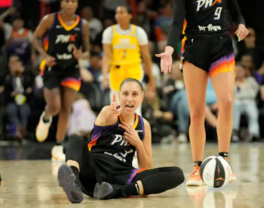 Phoenix Mercury guard Diana Taurasi (3) points as we offer our best Sparks vs. Mercury prediction and expert picks for Friday's WNBA matchup at Footprint Center in Phoenix.