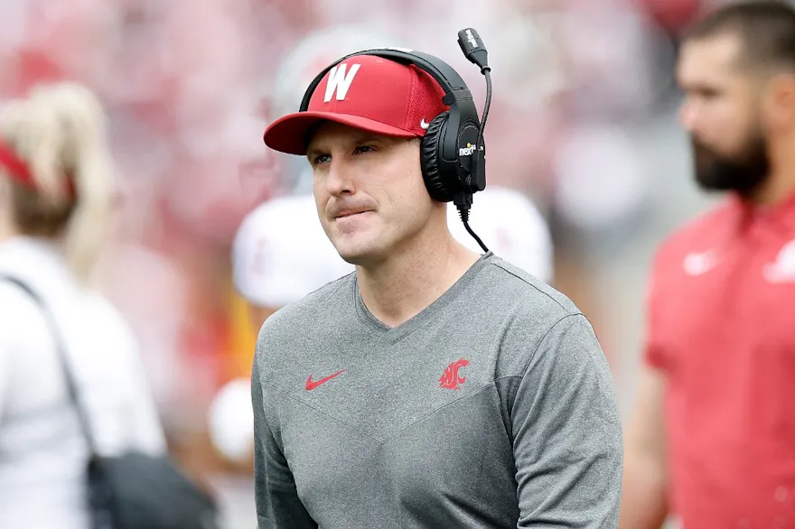 Head coach Jake Dickert of the Washington State Cougars looks on in the first quarter against the Wisconsin Badgers as we look at our Wisconsin-Washington State pick