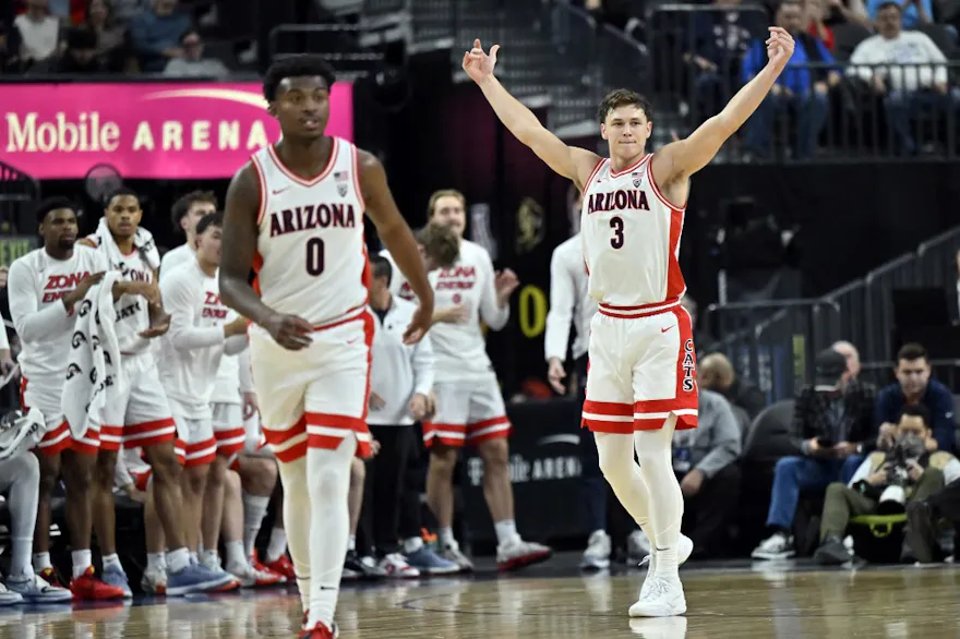Pelle Larsson of the Arizona Wildcats after a 3-pointer against the Oregon Ducks, and we offer our March Madness first-round best bets for Thursday based on the best March Madness odds.