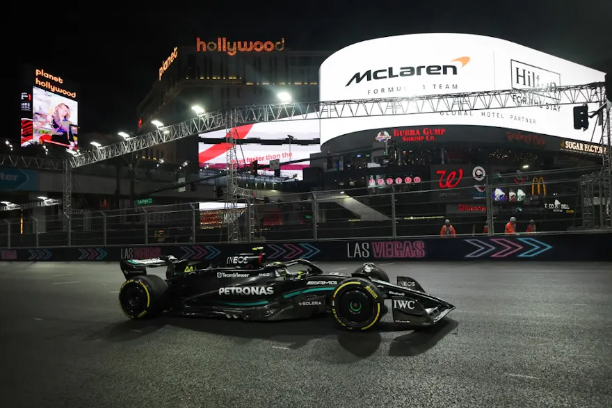 Lewis Hamilton of Mercedes during second practice ahead of the Formula 1 Las Vegas Grand Prix as we offer our BetRivers bonus code.