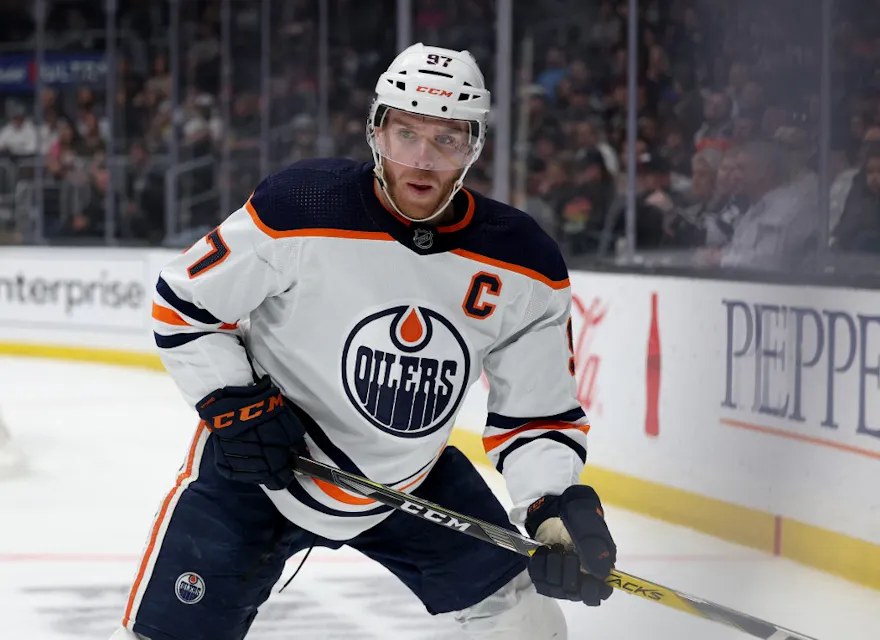 Connor McDavid of the Edmonton Oilers waits for a pass against the Los Angeles Kings.