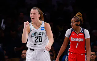 Sabrina Ionescu (20) of the New York Liberty celebrates a basket against the Washington Mystics, as we offer our best Liberty vs. Mystics predictions for Tuesday's season opener in Washington, D.C.