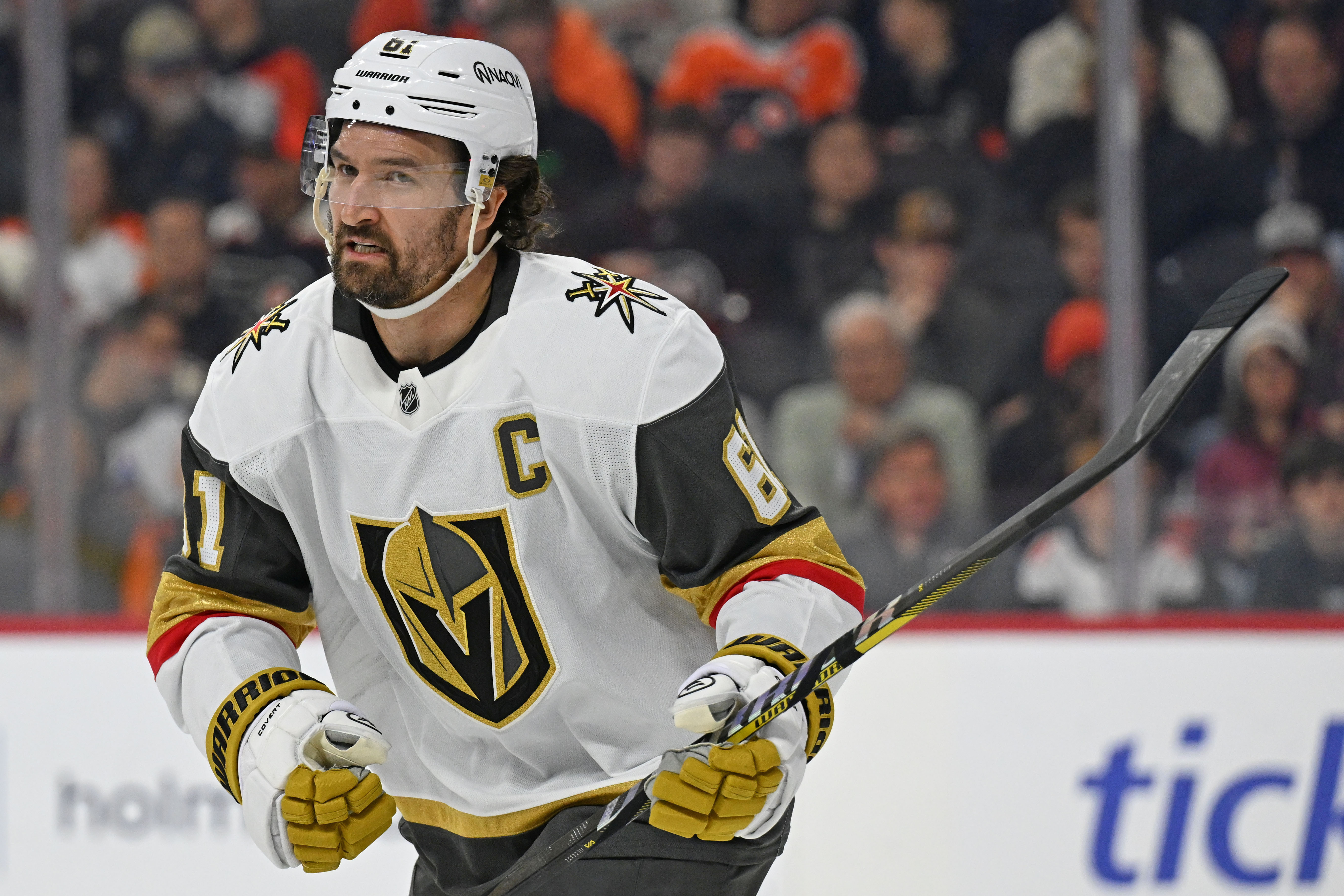 Vegas Golden Knights forward Mark Stone (61) skates back to the bench as we offer our NHL anytime goal scorer predictions today.