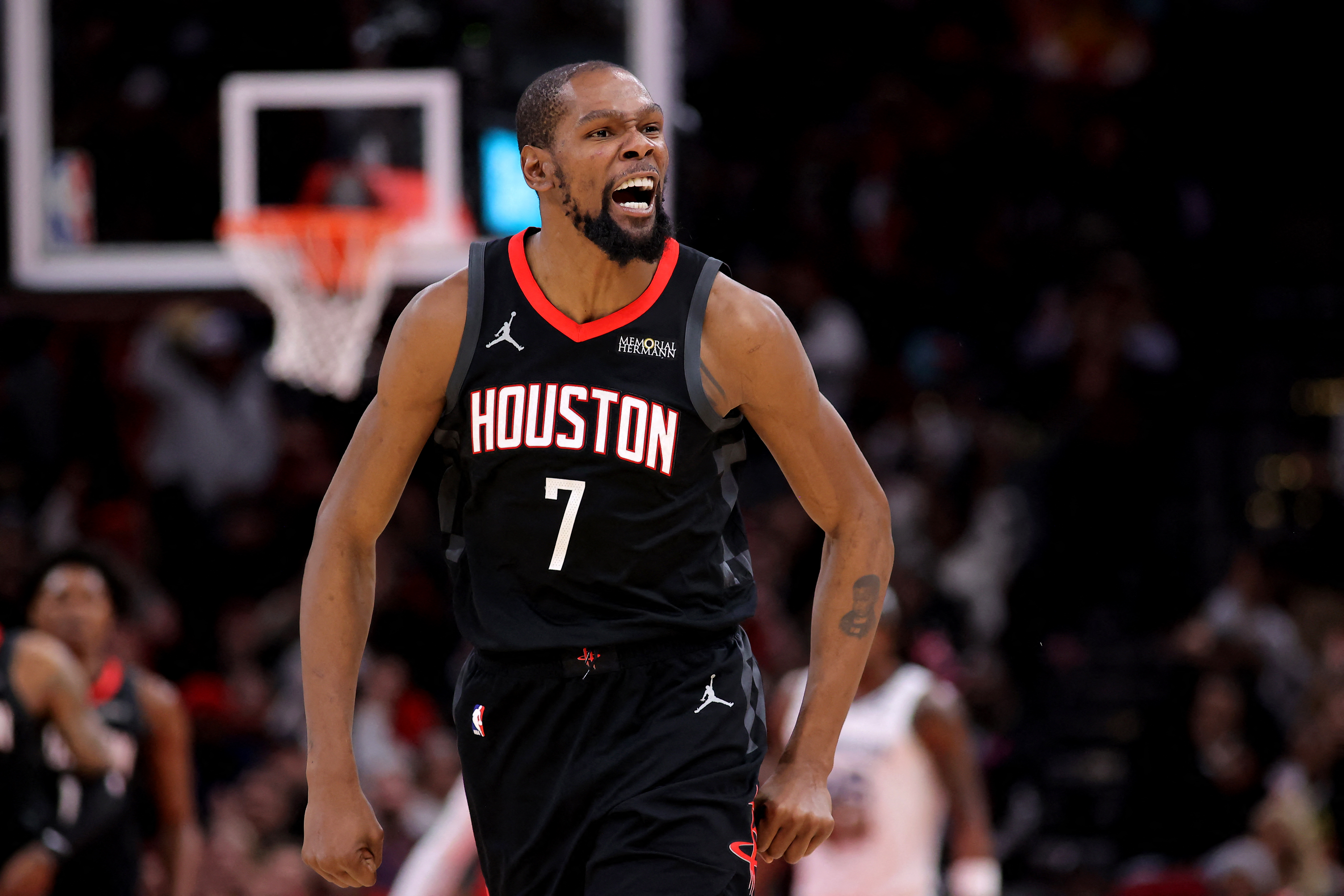 Houston Rockets forward Kevin Durant (7), seen here reacting during a game, is featured in our Warriors vs. Rockets player props today.