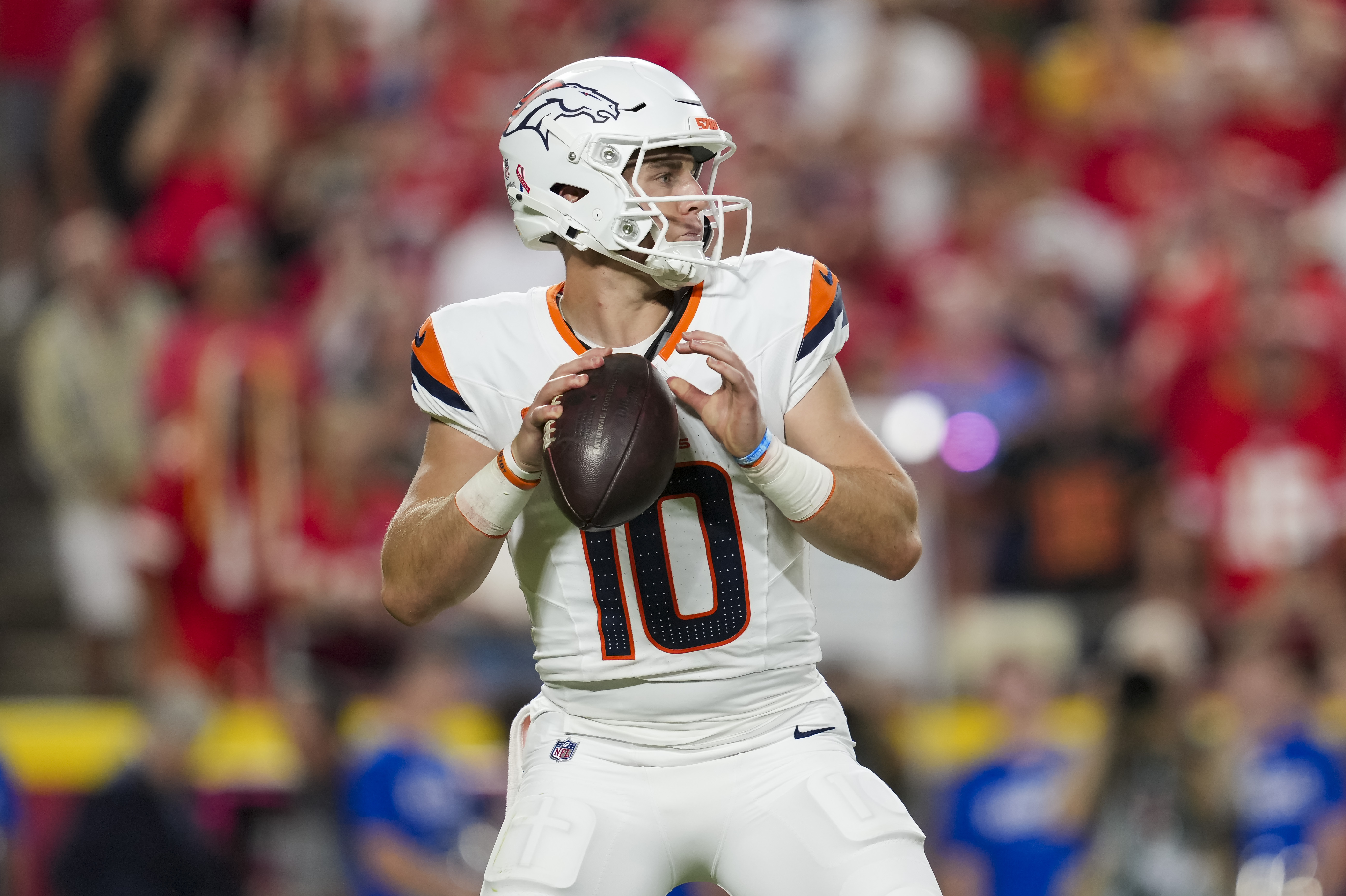 Pictured: Quarterback Bo Nix in action as we break down our Jaguars vs. Broncos Prediction. Photo by Jay Biggerstaff-Imagn Images.
