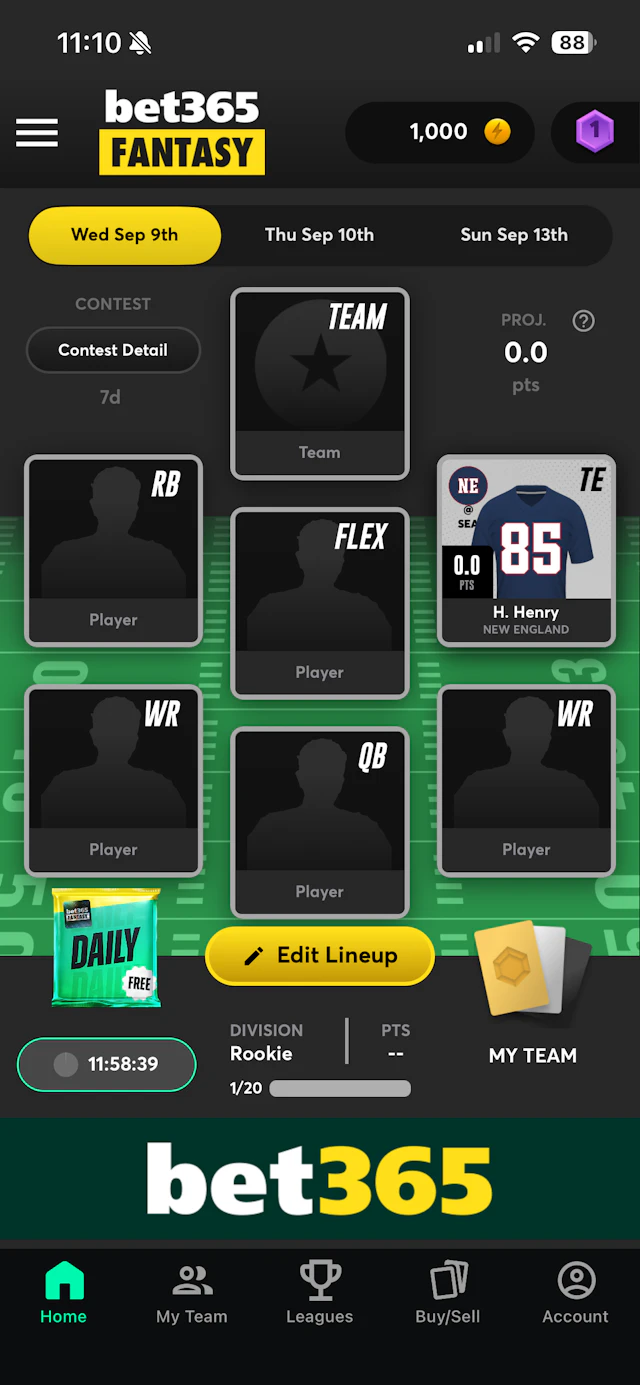 bet365 Fantasy app home screen.