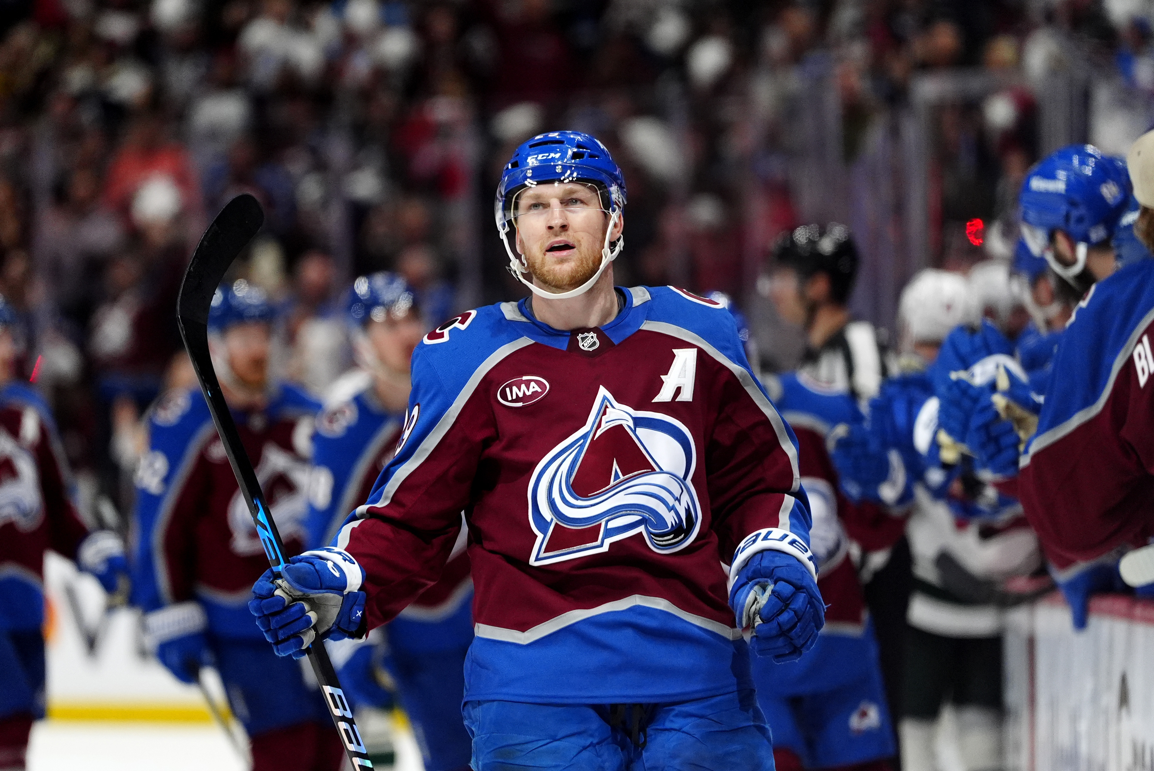 Colorado Avalanche center Nathan MacKinnon (29) reacts after scoring a goal as we provide our NHL anytime goal scorer predictions today.