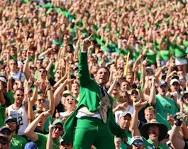 The Notre Dame Fighting Irish mascot and student section celebrate as we look at the best college football predictions for Week 4