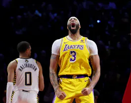 Anthony Davis of the Los Angeles Lakers celebrates a basket against the Indiana Pacers, and we're offering our top Lakers vs. Nuggets player props for their Round 1 game on Saturday, based on the best NBA odds.