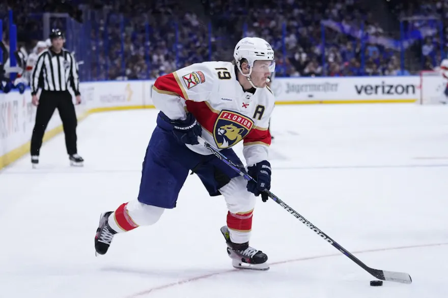 Matthew Tkachuk (19) of the Florida Panthers skates with the puck, as we offer our Bruins vs. Panthers player props for Game 2.