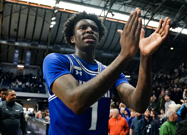 Seton Hall Pirates guard Kadary Richmond celebrates after defeating the Butler Bulldogs at Hinkle Fieldhouse as we look at New Jersey college sports betting.