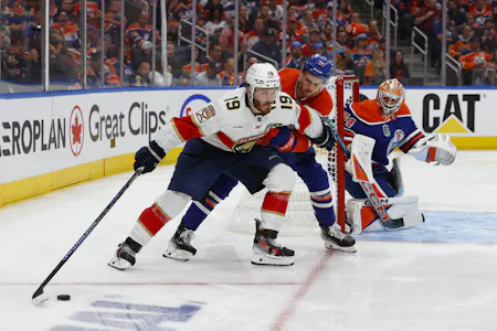 Florida Panthers left wing Matthew Tkachuk skates with the puck defended by Edmonton Oilers defenseman Philip Broberg as we dive into the best SGP for Tuesday's Game 5 of the Stanley Cup Final. 
