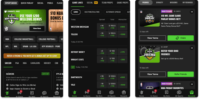 Screenshot of DraftKings Sportsbook mobile app for iOS devices.