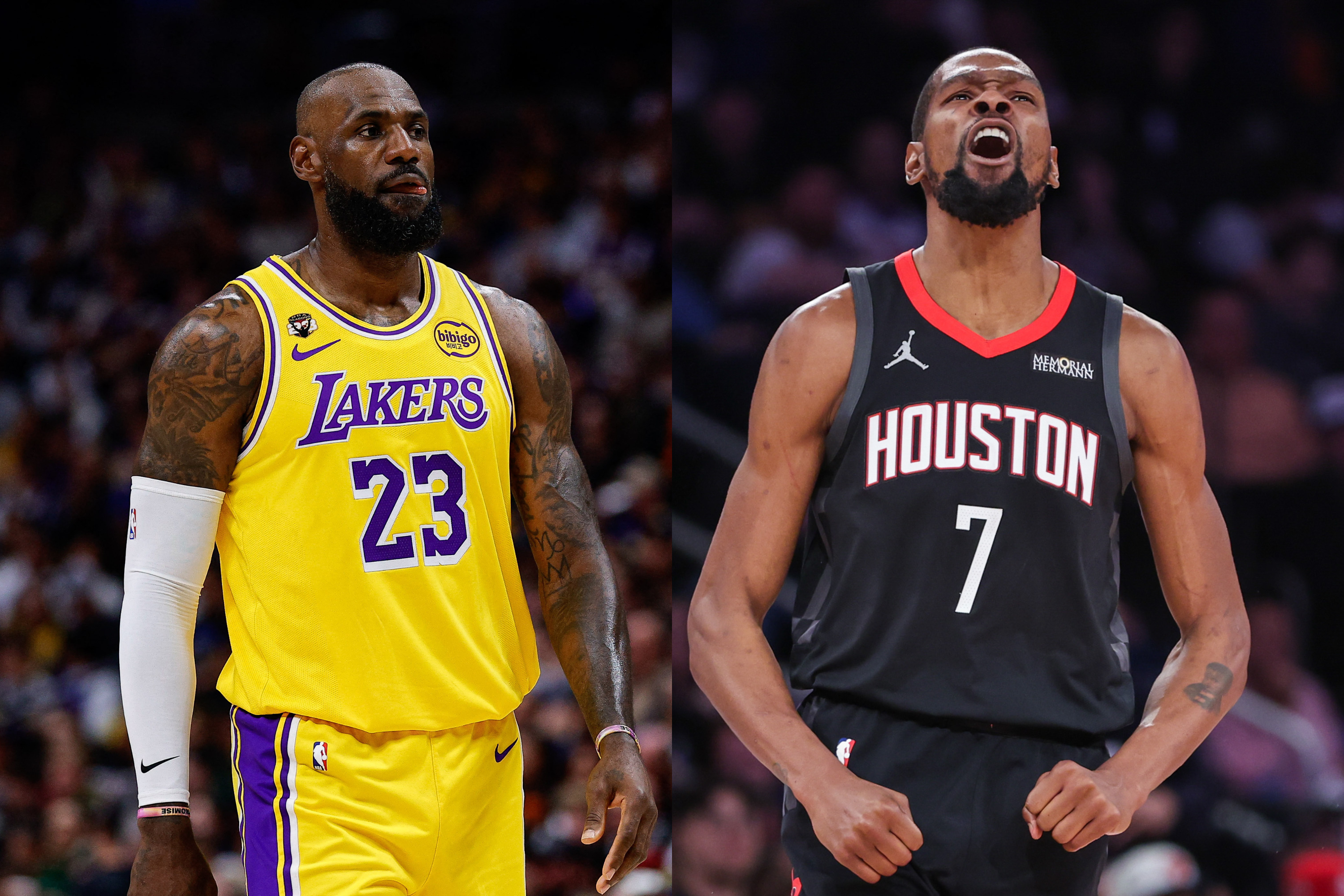 Los Angeles Lakers forward LeBron James (23) and Houston Rockets forward Kevin Durant (7) are featured in our Lakers vs. Rockets player props today.