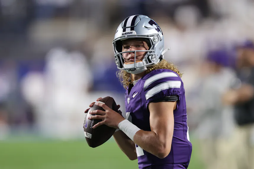 Kansas State Wildcats quarterback Avery Johnson warms up as we look at our best Oklahoma State vs. Kansas State predictions for Week 5 college football action.